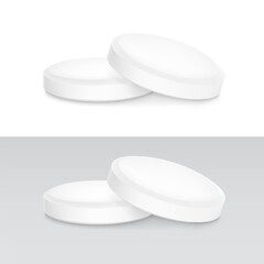 Realistic flat faced plain tablet mockup. Vector illustration isolated on white and grey background. Can be used for medical and cosmetic. Ready for your design. EPS10.