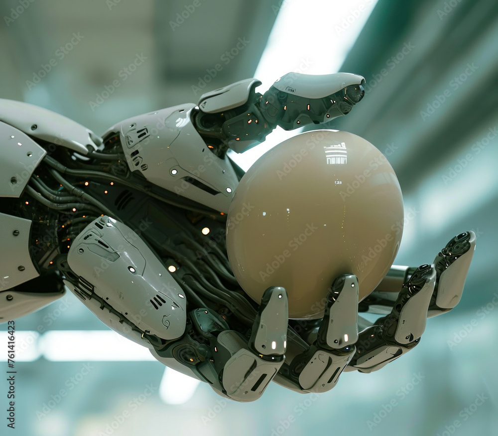 Poster modern robotic technology concept humanoid robot holding fragile egg, with 'robot' written on it