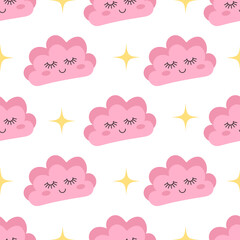 Cute sleeping smiling clouds seamless pattern. Pastel pink and yellow colors clouds with eyes, smile, cute face. Vector repeat background for children's design, textile, fabric, print.