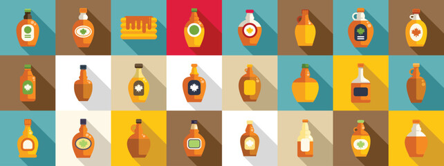 Maple syrup icons set flat vector. Kitchen stack. Sweet cookery plate