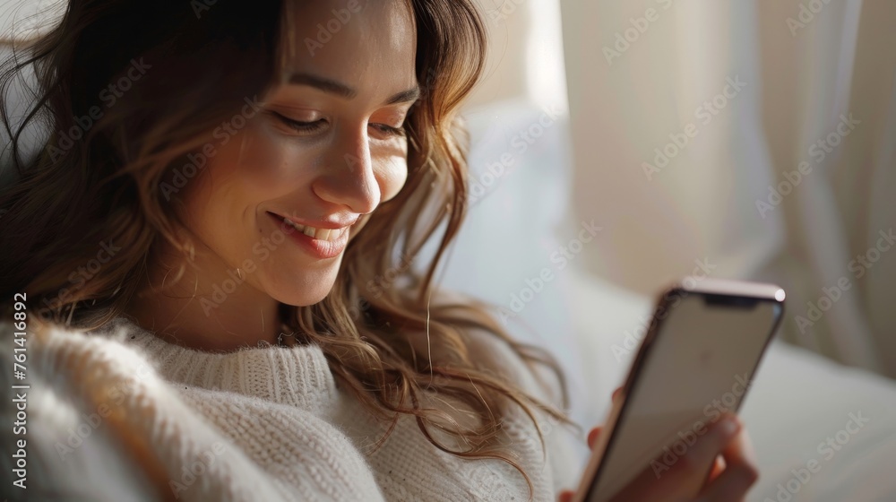 Poster woman smiling while using relationship timeline app on smartphone