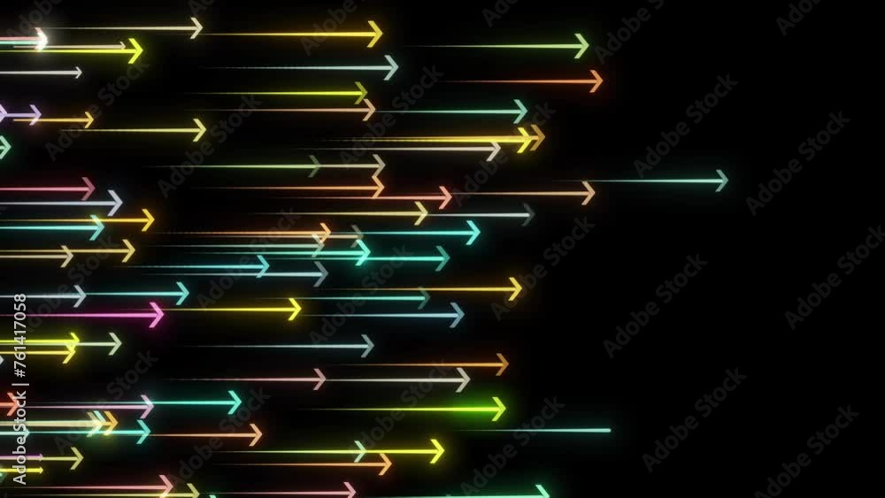 Poster futuristic arrow direction sign moving randomly. glowing neon arrow direction animation on black bac