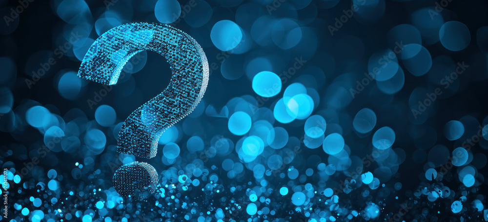 Poster abstract 3d illustration of a shining question mark symbol hovering on a blue bokeh background