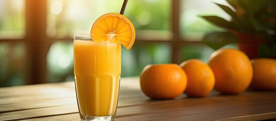 A refreshing glass of orange juice served with a straw on a rustic wooden table, made from Valencia oranges, Vangpur, tangerines, or clementines a natural and hydrating liquid ingredient - obrazy, fototapety, plakaty