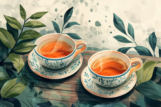 Teacup illustration surrounded by green leaves