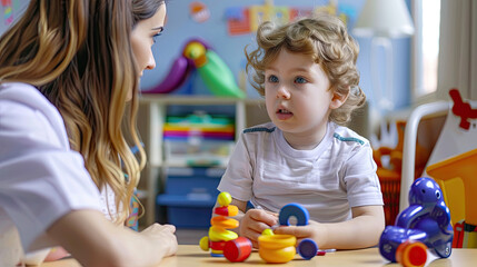 Speech therapist works with a child with an autism spectrum disorder