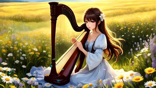 girl in a dress playing harp in the field. Seamless looping time-lapse 4k video animation background