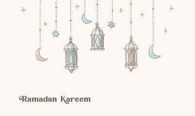 Garland with hanging colorful arab lanterns, stars, moon and lights. Greeting card, invitation for muslim holiday Ramadan Kareem. Party decoration. Watercolor hand drawn vector illustration background