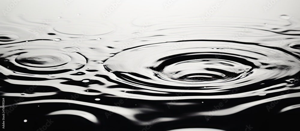 Poster a monochrome image showcasing liquid splashing on a surface, forming circular patterns. the transpar