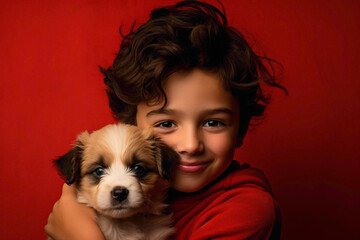 A loving kid model sharing a tender moment, against a solid wall of red background, embracing a cherished pet with warmth and affection.