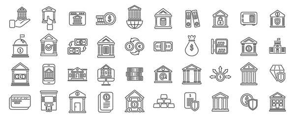 Fototapeta na wymiar Central bank icons set outline vector. Business house building. Money management