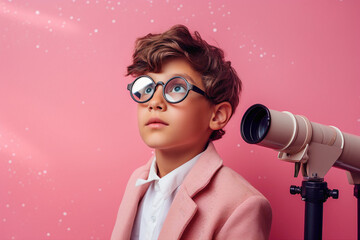 A studious kid model with a telescope, against a solid wall of pink background, exploring the mysteries of the cosmos with wonder and fascination. - obrazy, fototapety, plakaty