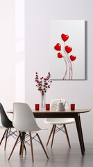 Red heart balloons on white textured background, 3D rendering, home decor