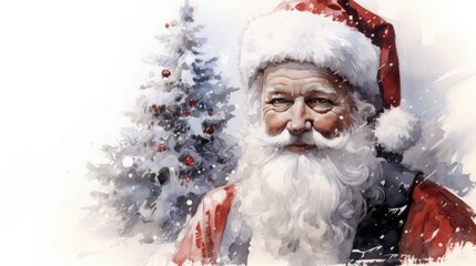 Santa Claus portrait with xmas tree in winter, color illustration