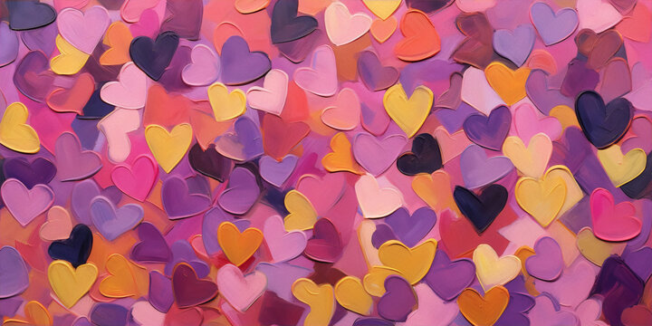 Colorful painted heart shapes on pink background, abstract art