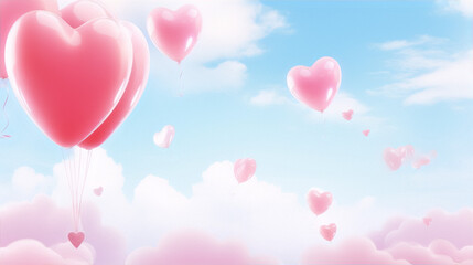 Pink heart-shaped balloons floating in a blue sky with white clouds.
