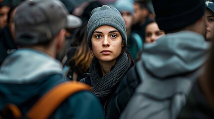 Woman in Crowd with Moody Lighting