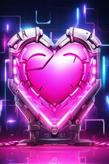 Futuristic glowing pink heart in a robotic case with blue neon lights on a pedestal in the center of a dark background.