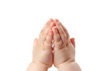 Cute baby toddler Praying hands. Transparent background PNG. Clasped hands in prayer. Religious concepts such as thanking god, salvation, holy spirit, deliverance, faith and deliverance from evil