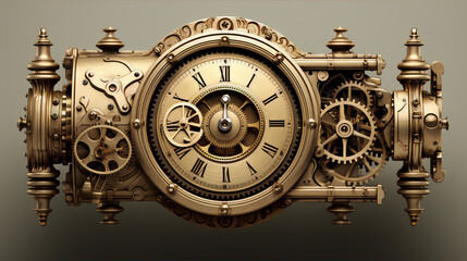 Ornate steampunk clockwork gears and cogs in a golden case with a roman numeral clock face.