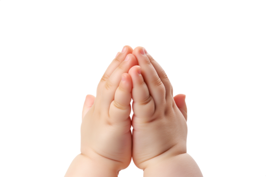 Cute baby toddler Praying hands. Transparent background PNG. Clasped hands in prayer. Religious concepts such as thanking god, salvation, holy spirit, deliverance, faith and deliverance from evil