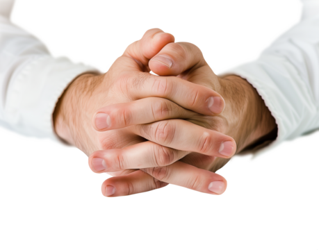 Businessman Clasped Praying hands. Transparent background PNG. Clasped hands in prayer. Religious concepts such as thanking god, salvation, holy spirit, deliverance, faith and deliverance from evil