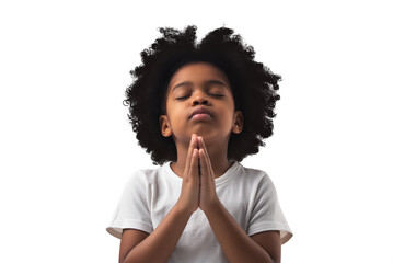 Fototapeta na wymiar Cute black child Praying. Curly hair. Transparent background PNG. Clasped hands in prayer. Religious concepts such as thanking god, salvation, holy spirit, deliverance, faith and deliverance from evil