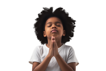 Cute black child Praying. Curly hair. Transparent background PNG. Clasped hands in prayer. Religious concepts such as thanking god, salvation, holy spirit, deliverance, faith and deliverance from evil