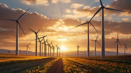 Wind turbines at sunset - obrazy, fototapety, plakaty