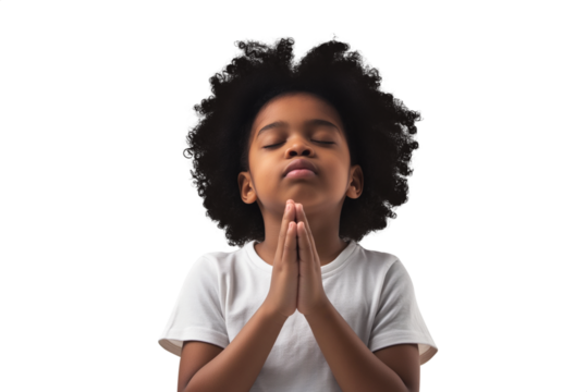 Cute black child Praying. Curly hair. Transparent background PNG. Clasped hands in prayer. Religious concepts such as thanking god, salvation, holy spirit, deliverance, faith and deliverance from evil