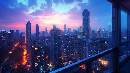 City Skyline at Night With Long Exposure Traffic - obrazy, fototapety, plakaty