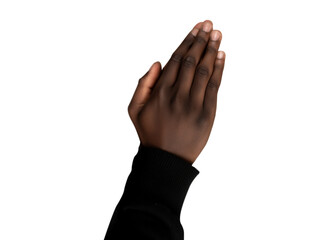 Teen black young man Praying hands. Transparent background PNG. Clasped hands in prayer. Religious concepts such as thanking god, salvation, holy spirit, deliverance, faith and deliverance from evil
