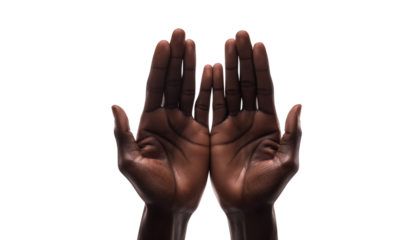 Black young man Praying hands. Transparent background PNG. Clasped hands in prayer. Religious concepts such as thanking god, salvation, holy spirit, deliverance, faith and deliverance from evil