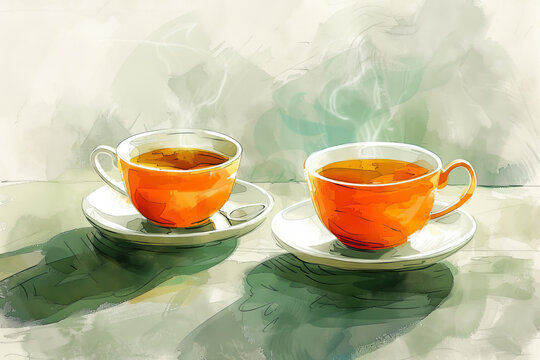 Teacup illustration surrounded by green leaves