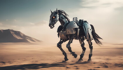 Horse Animal robot walking through desert. A futuristic landscape with a silhouetted city on the horizon