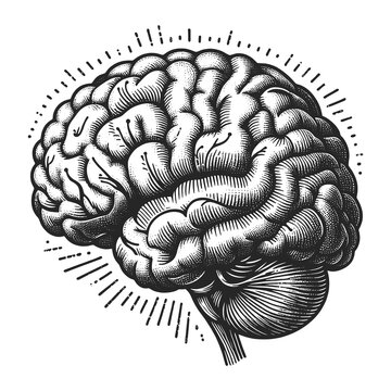 Abstract human brain, showcasing the intricate patterns of the cerebral cortex sketch engraving generative ai raster illustration. Scratch board imitation. Black and white image.