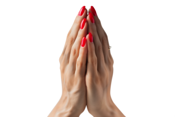 Woman Praying hands. Red nail polish. Transparent background PNG. Clasped hands in prayer. Religious concepts such as thanking god, salvation, holy spirit, deliverance, faith and deliverance from evil