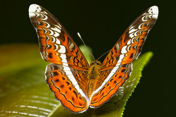 A Knight butterfly sits gently on a leaf, its brown wings marked with white spots merging softly...