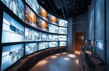 A high-tech surveillance room with multiple screens displaying various camera feeds, exuding control and vigilance