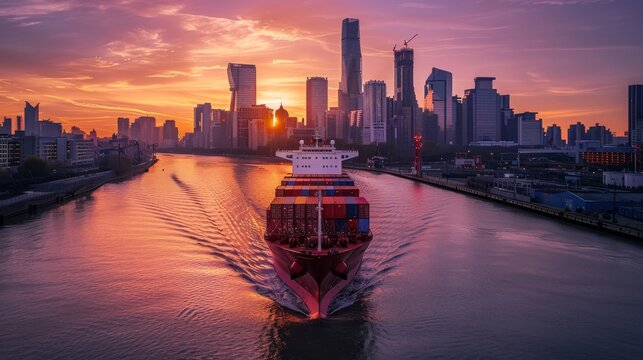 Dawn Over Cargo Ship and Cityscape