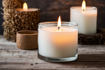 Fototapeta na wymiar Rustic and grunge-style candle on a wooden table, creating a cozy and textured home decor setting
