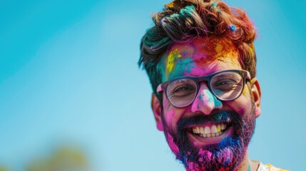 Colorful man with a beard and glasses smiling after getting drenched in a paint fight. Fictional character created by Generated AI. 