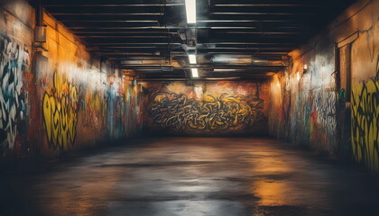 Empty underground parking with graffiti wall abstract background. Idea for artistic pop art background - obrazy, fototapety, plakaty
