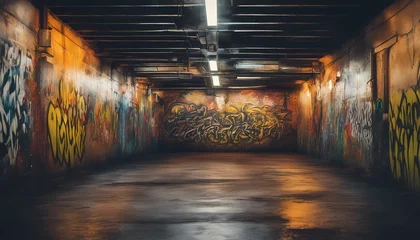 Foto auf Acrylglas Empty underground parking with graffiti wall abstract background. Idea for artistic pop art background © gangiskhan