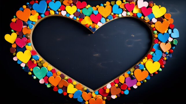 Colorful wooden hearts arranged in a heart-shaped frame on a dark blue wooden background