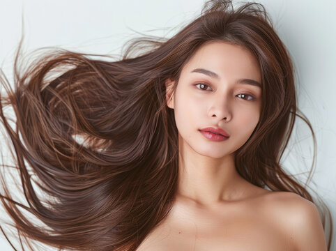 beautiful asian woman with long shiny hair, white background, beauty photography, long straight brown hair, healthy hair and skin