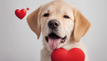 Funny portrait cute puppy dog holding red heart in mouth isolated on white background, close up.