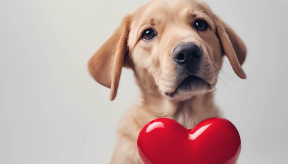 Funny portrait cute puppy dog holding red heart in mouth isolated on white background, close up.