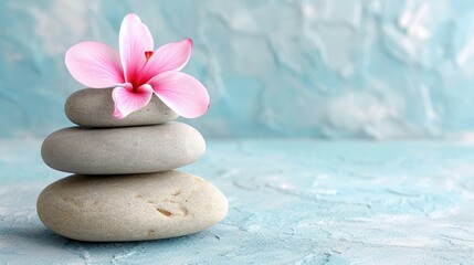 spa stones and flower on a blue background. Copy space.