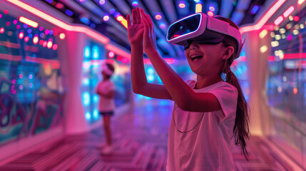 Children exploring a cybernetic universe with advanced holographic technology at a playground